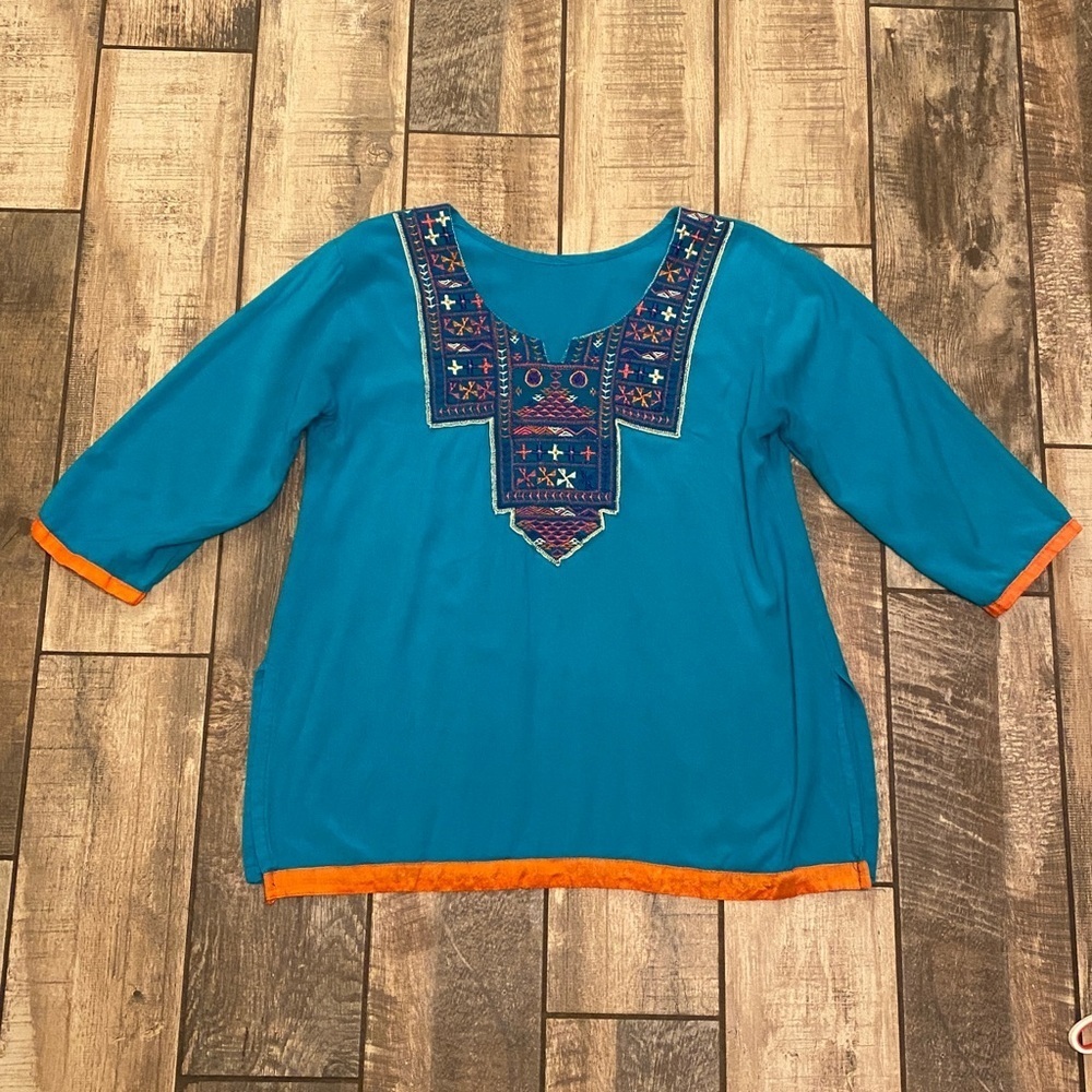 Embroidered Teal and Orange Women's Top